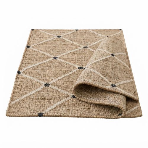 Natural jute diamond-weave area rug under a dining table