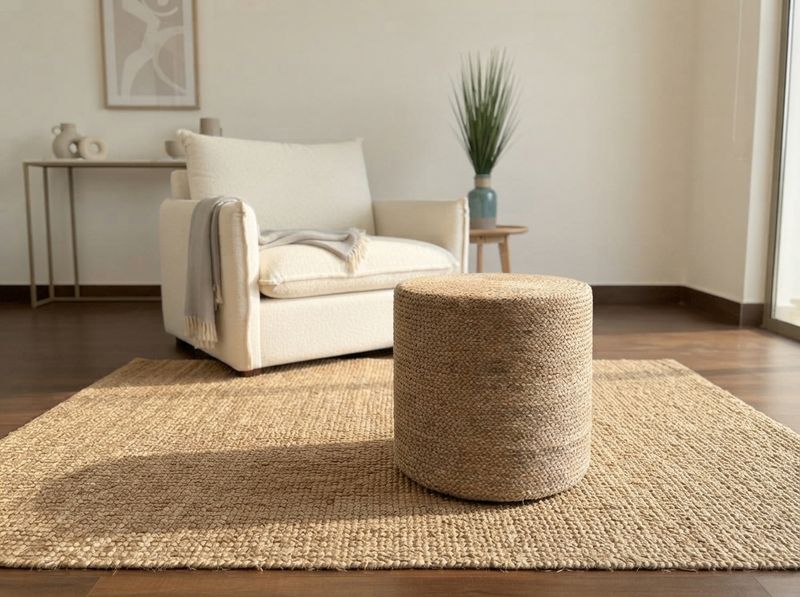 Natural braided jute pouf ottoman beside a linen sofa