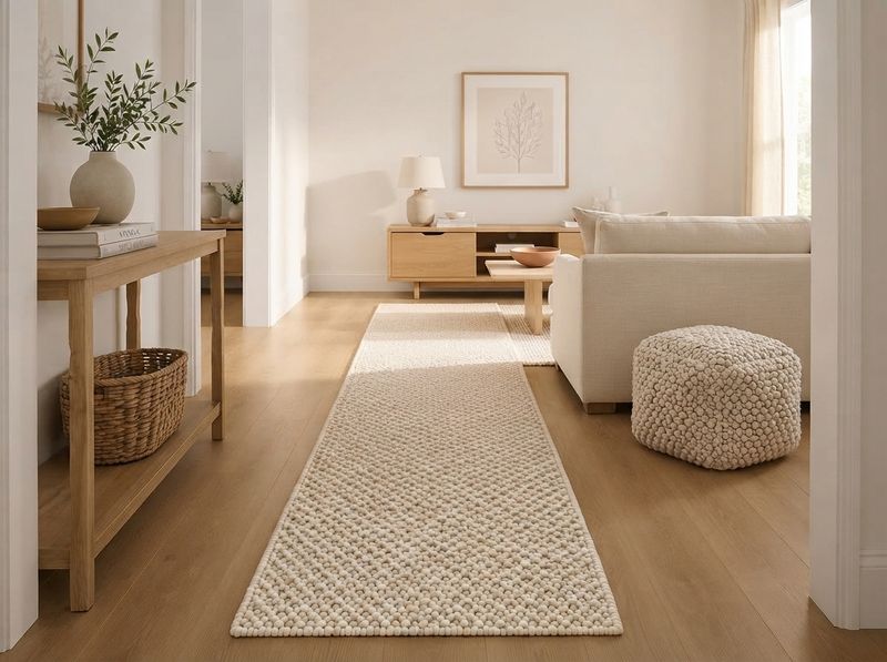 Ivory wool runner rug down a hallway