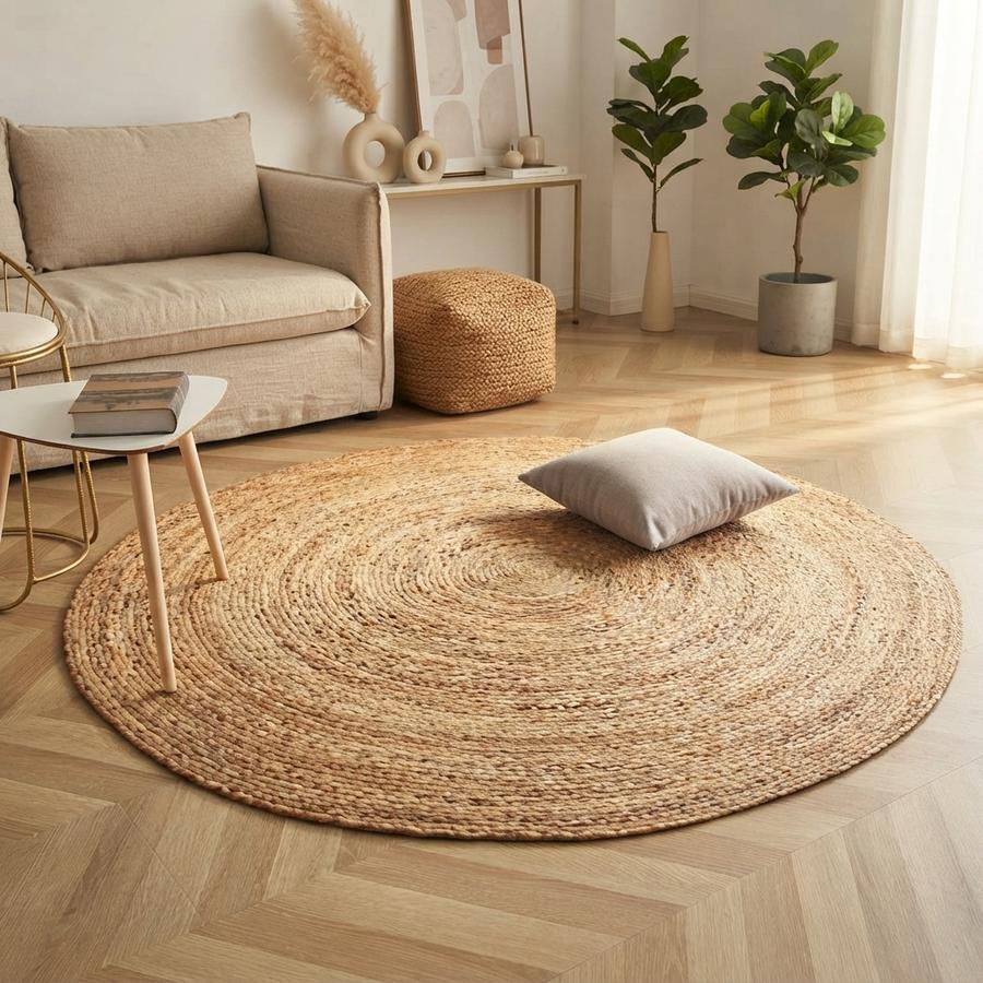 Round braided natural jute rug in a living room