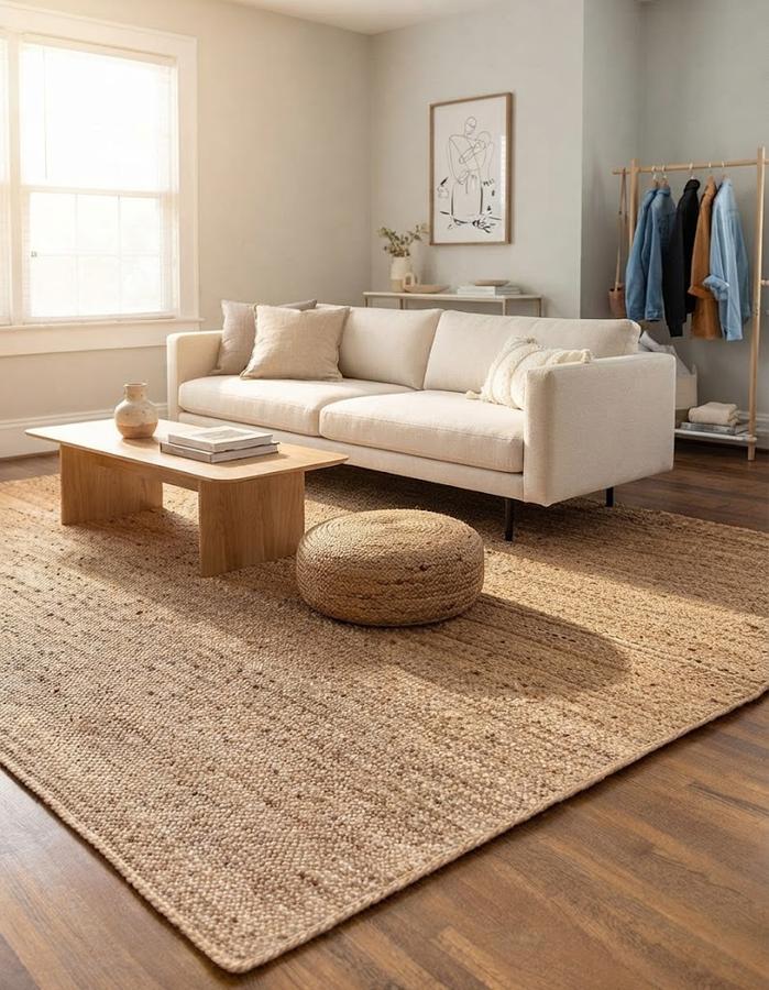 Large braided natural jute rug on a covered patio