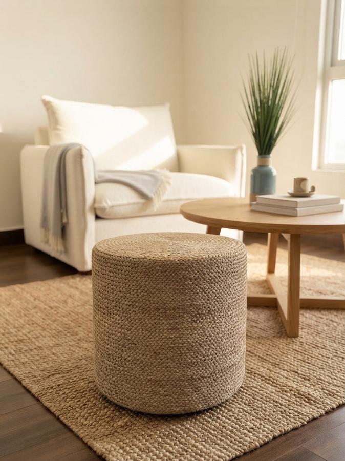 Natural braided jute pouf ottoman beside a linen sofa