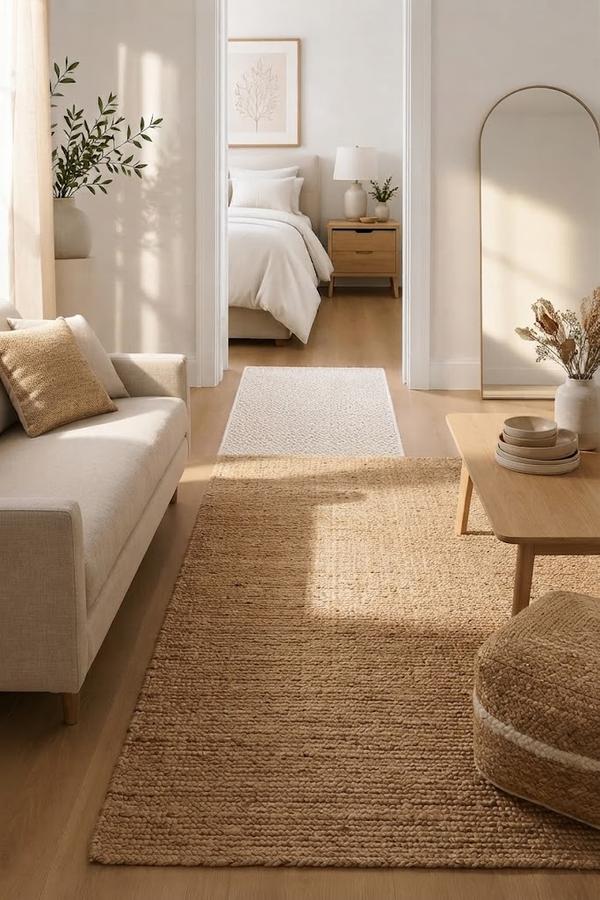 Ivory wool runner rug down a hallway