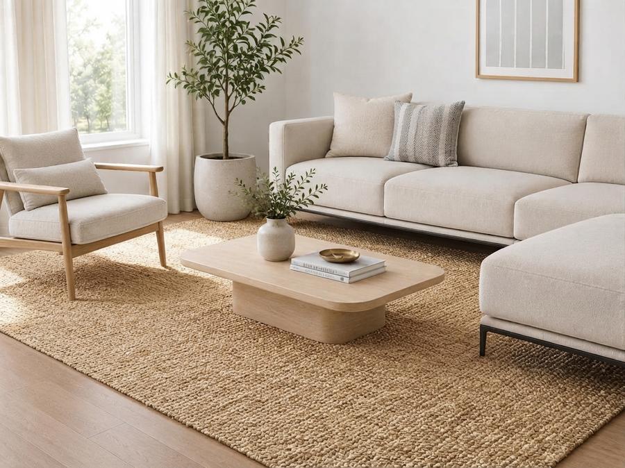 Ivory handwoven wool area rug in a dining room