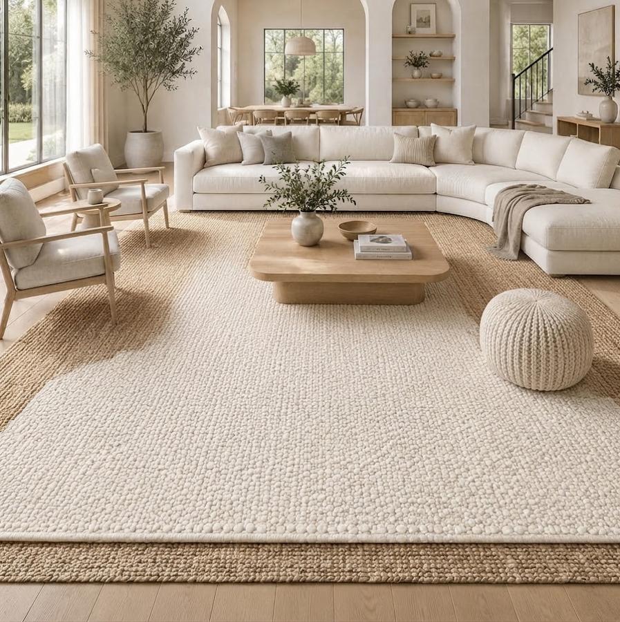 Large ivory wool area rug across a great room