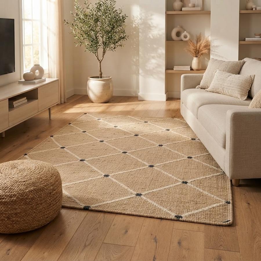 Natural jute diamond-weave area rug under a dining table